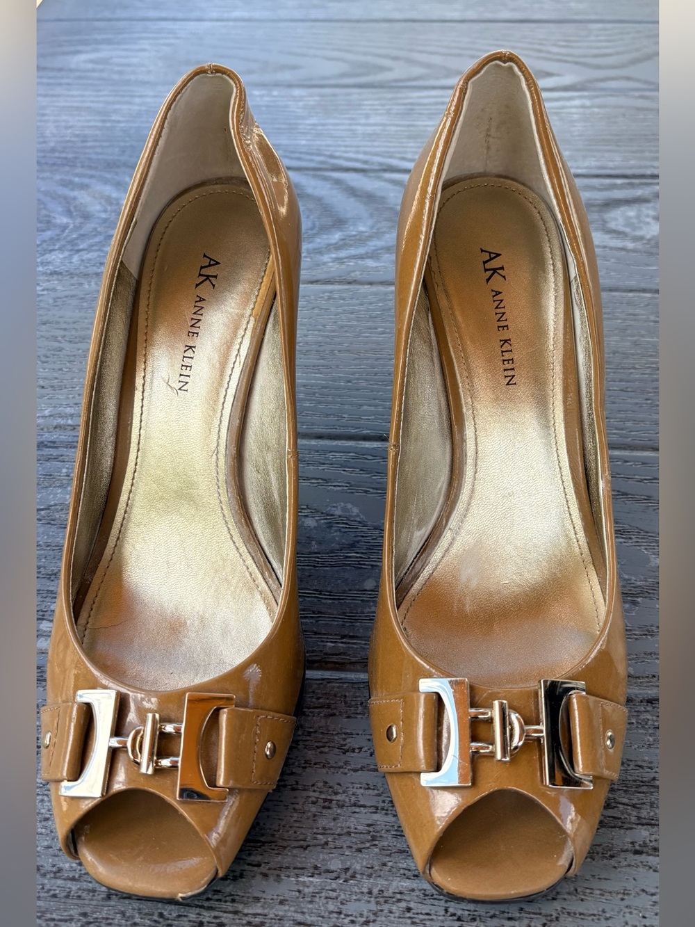 Anne Klein- camel/beige/peep toe, gold buckle 3” heel- size 8.5 Medium